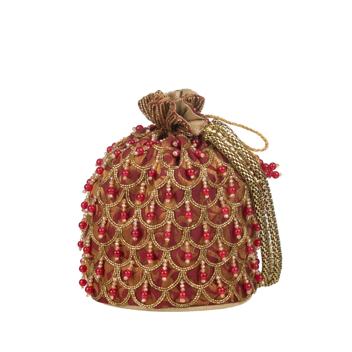 Red and gold beaded potli bag on white, drawstring cord gathered at the top