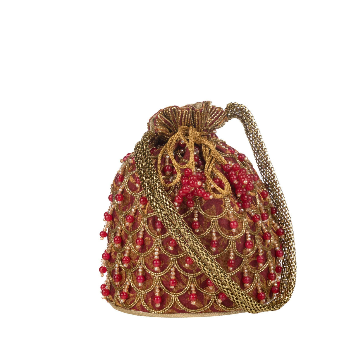 Potli bag angled to show its red bead tassel drawstring and braided gold handle