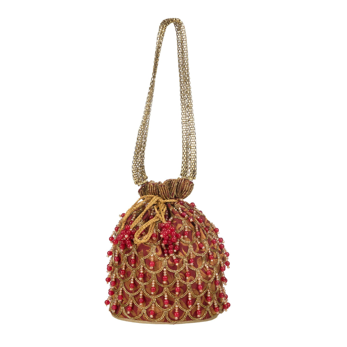Cherry red potli bag hanging from its long gold chain handle against white