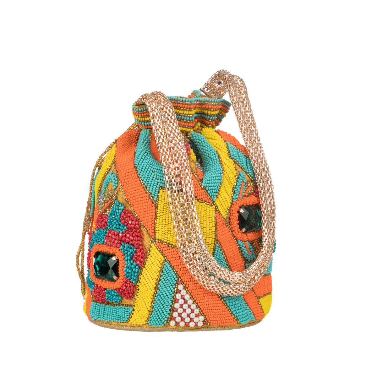 Beaded potli bag on white with a doubled gold rope handle and green stone accents