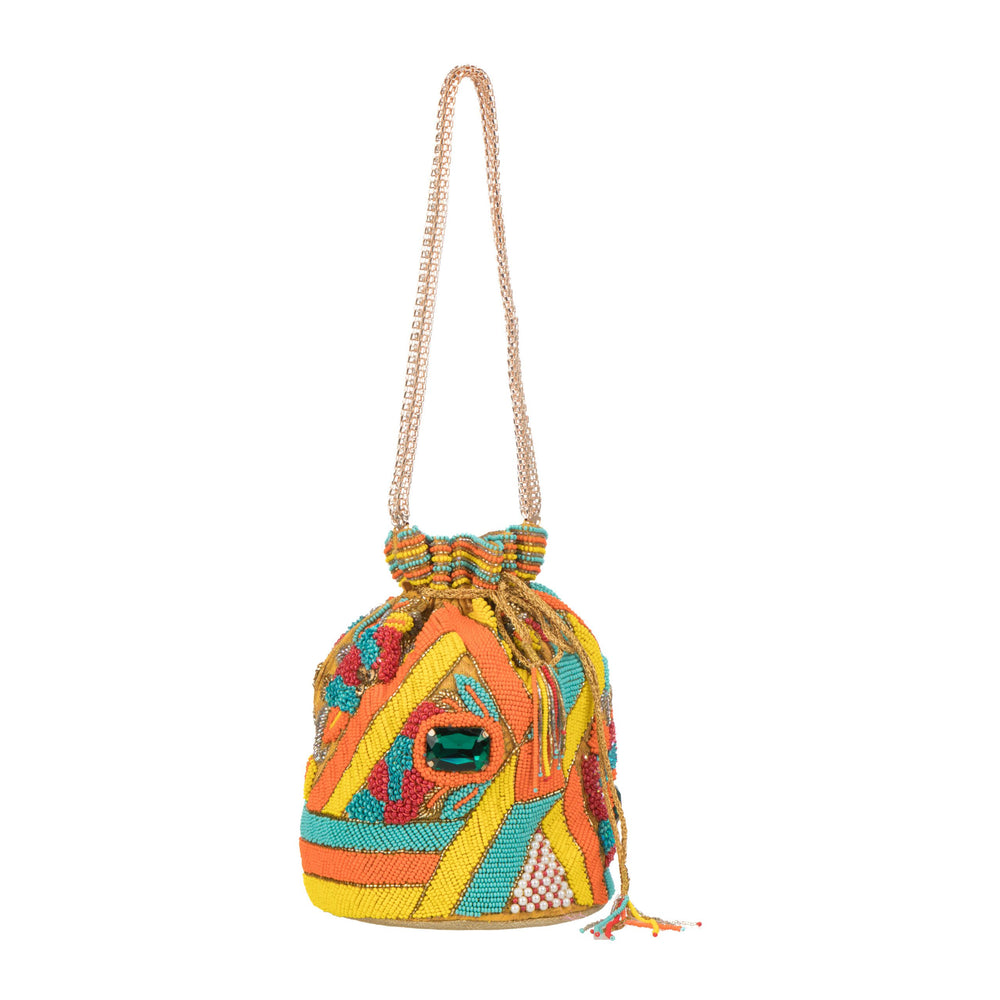 Chrome yellow potli hanging from a long gold chain, zigzag beadwork across the body