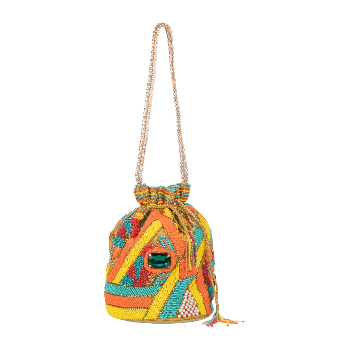Chrome yellow potli hanging from a long gold chain, zigzag beadwork across the body