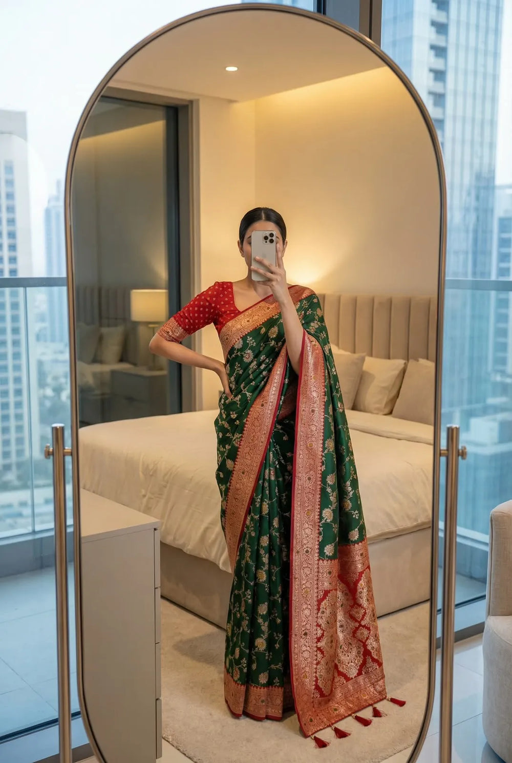 Bottle green soft silk saree with red border, worn with a red brocade blouse