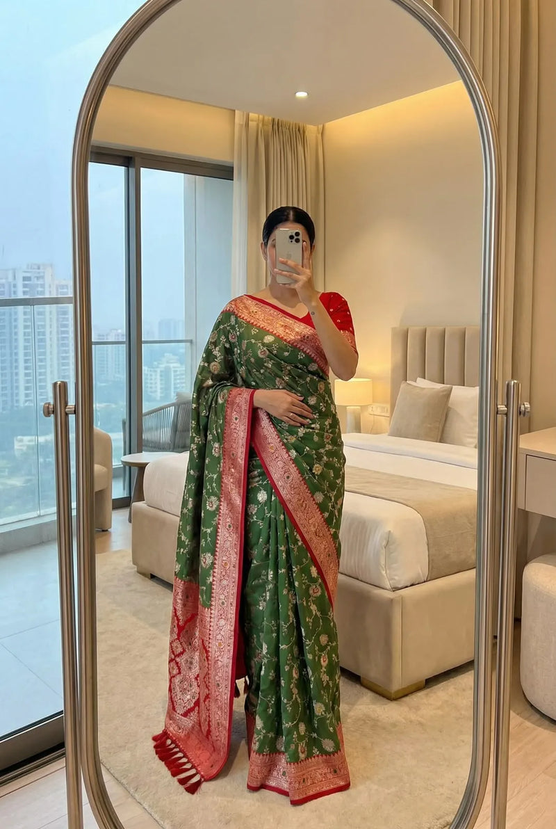 Bottle green soft silk saree with red designer border, draped and worn with a red blouse