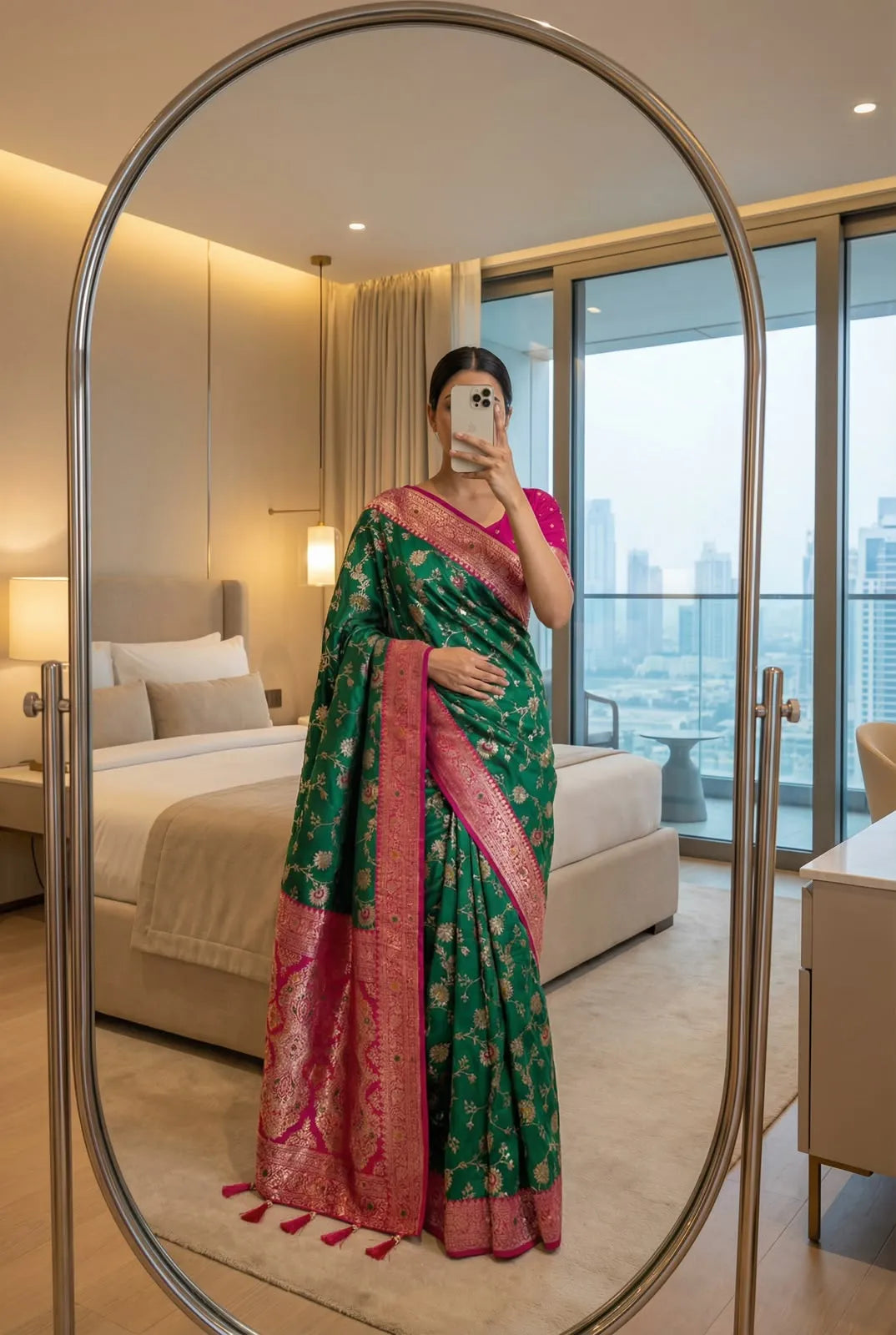 Emerald green soft silk saree with rani pink zari border and pink blouse