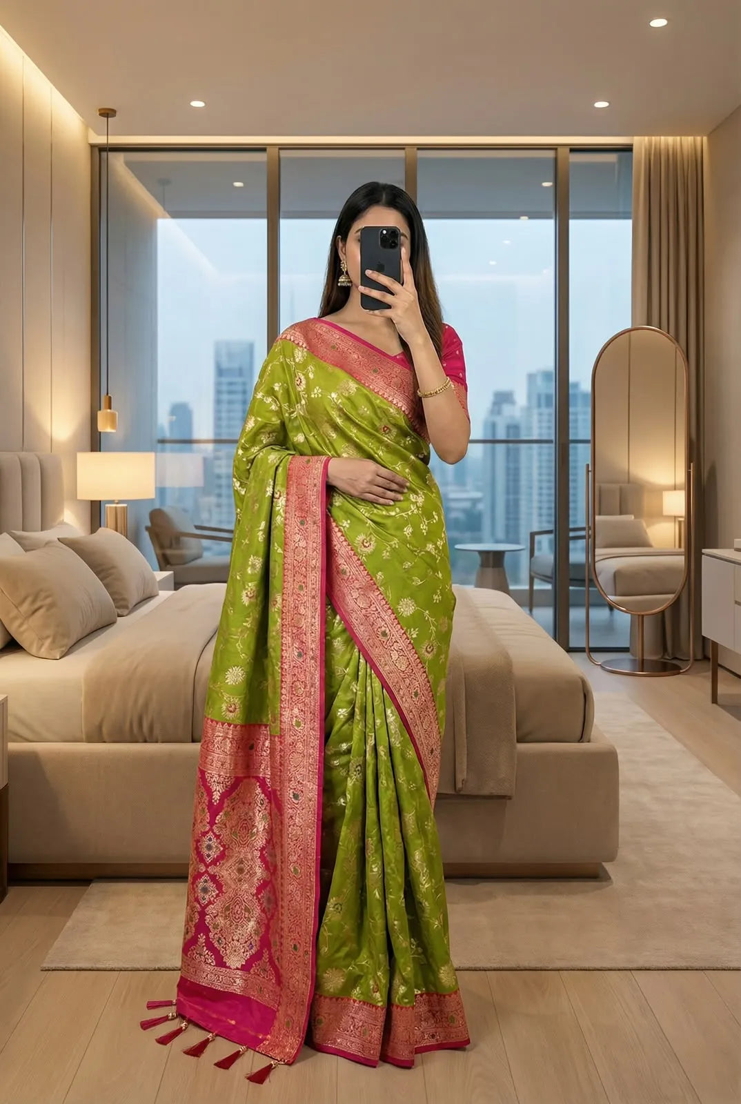Mehendi green soft silk saree with rani pink border, draped full length