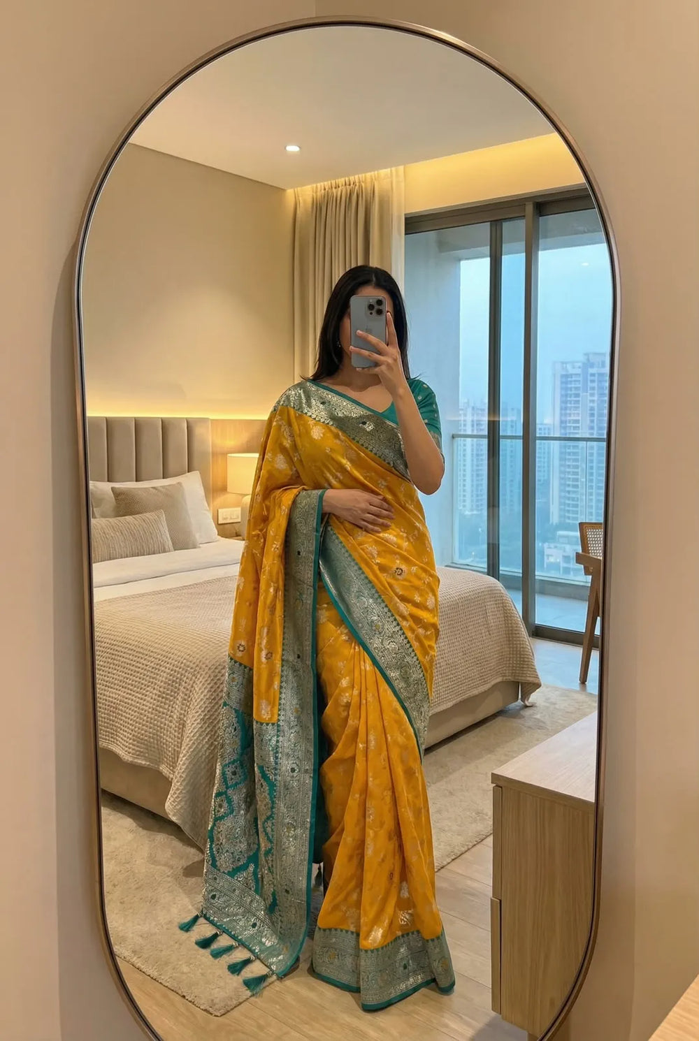 Mustard yellow soft silk saree with sea green contrast border and matching blouse