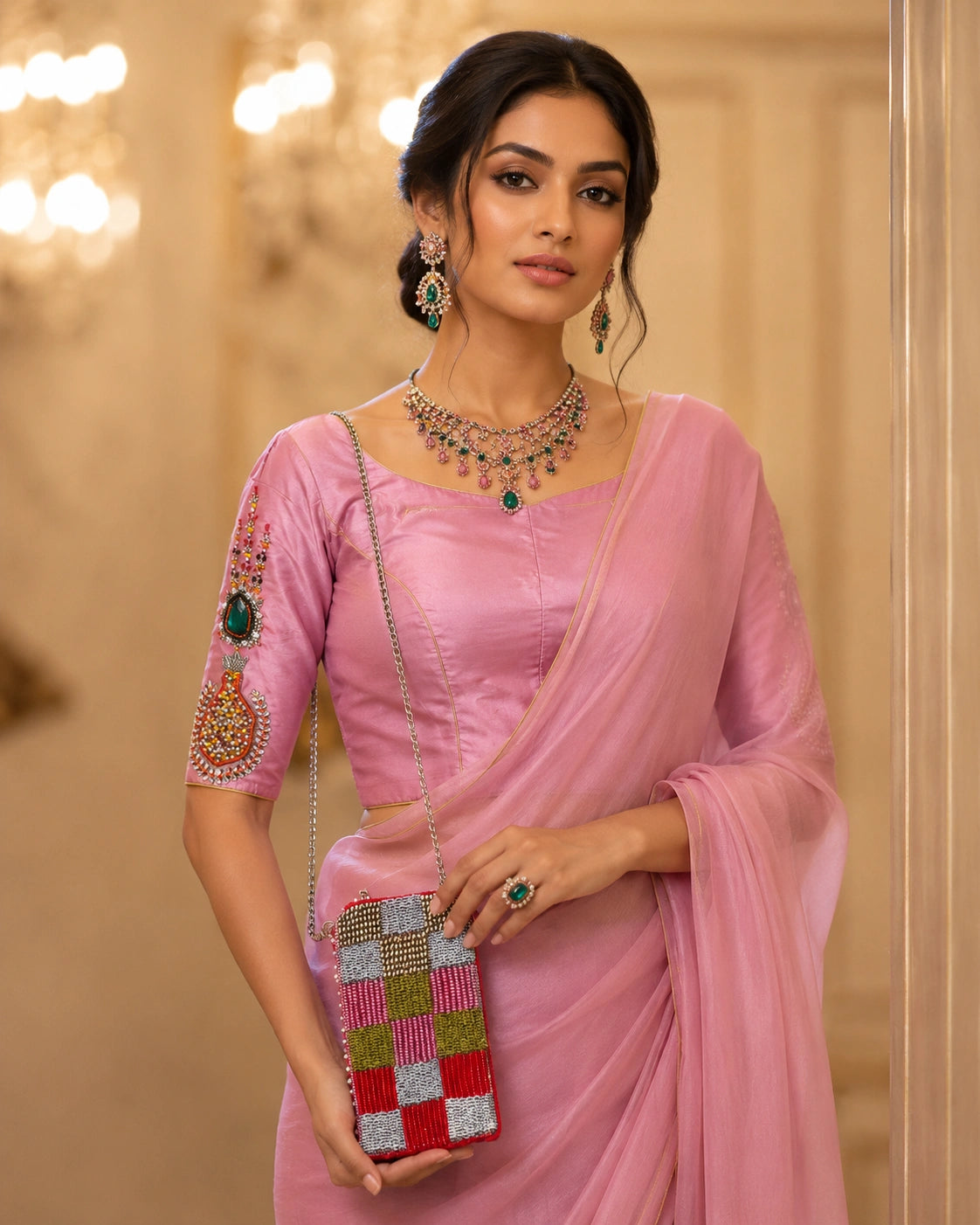 Rose Mosaic Hand Embroidered Designer Blouse + Sling Bag Combo