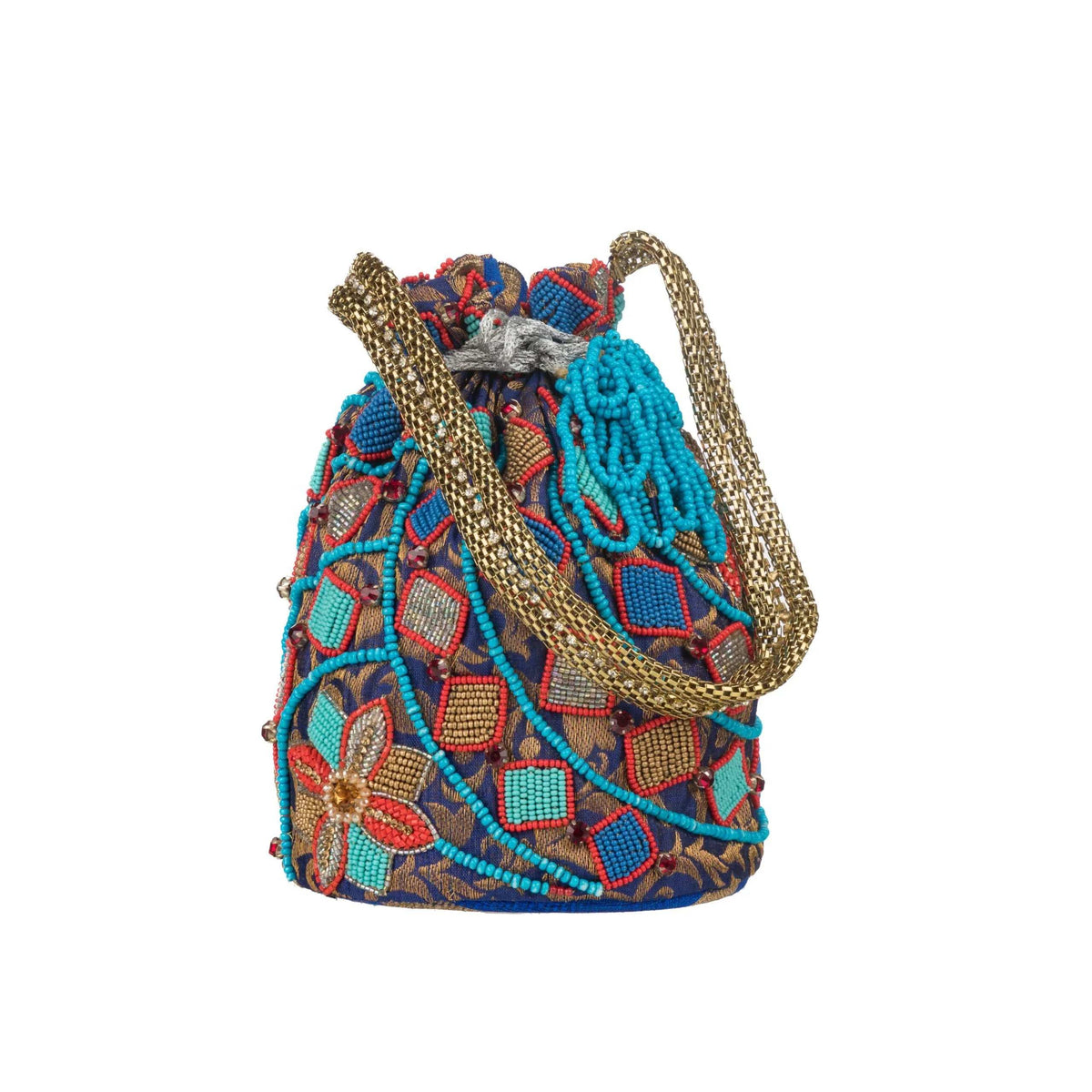 Blue potli on white with red and turquoise bead motifs and a looped gold handle