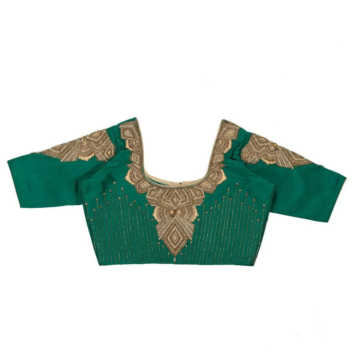 Flat back view with geometric gold motifs on the yoke and sleeve caps