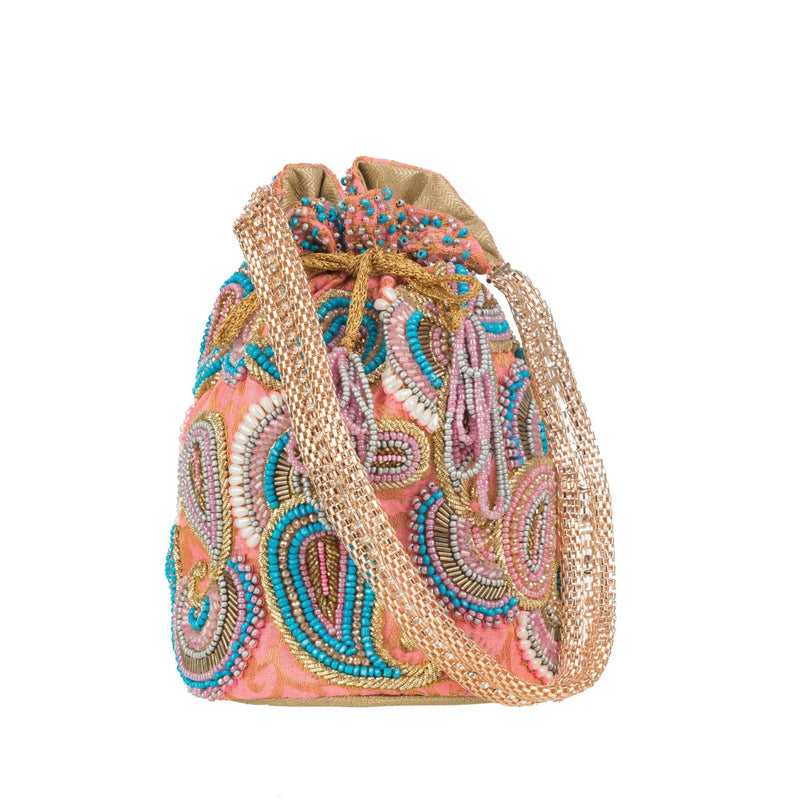 Peach potli bag beaded with ambi paisleys, gold cord handle across the front