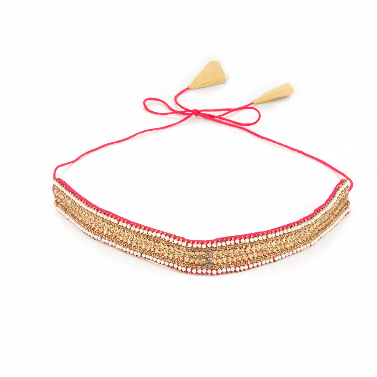Full saree belt on white with its pink tie cords knotted and gold cone ends