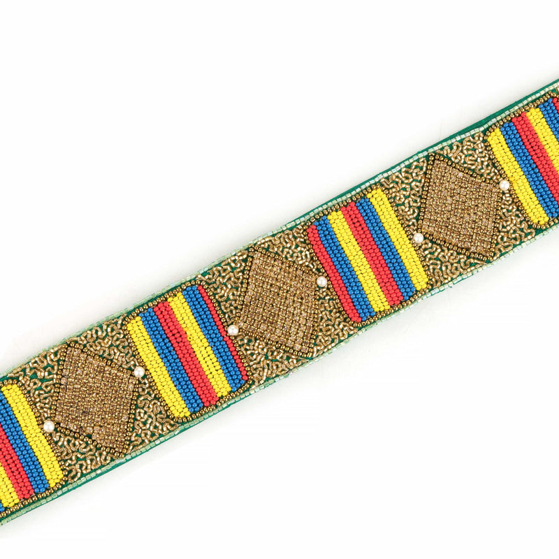 Green saree belt band worked in gold beads with red, yellow and blue striped blocks