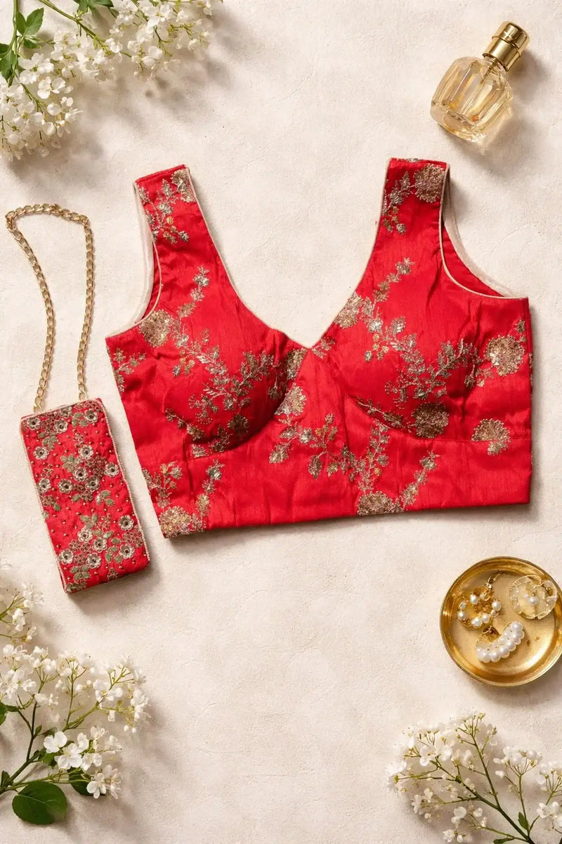 Red embroidered blouse and matching chain sling bag flat-laid with flowers and perfume
