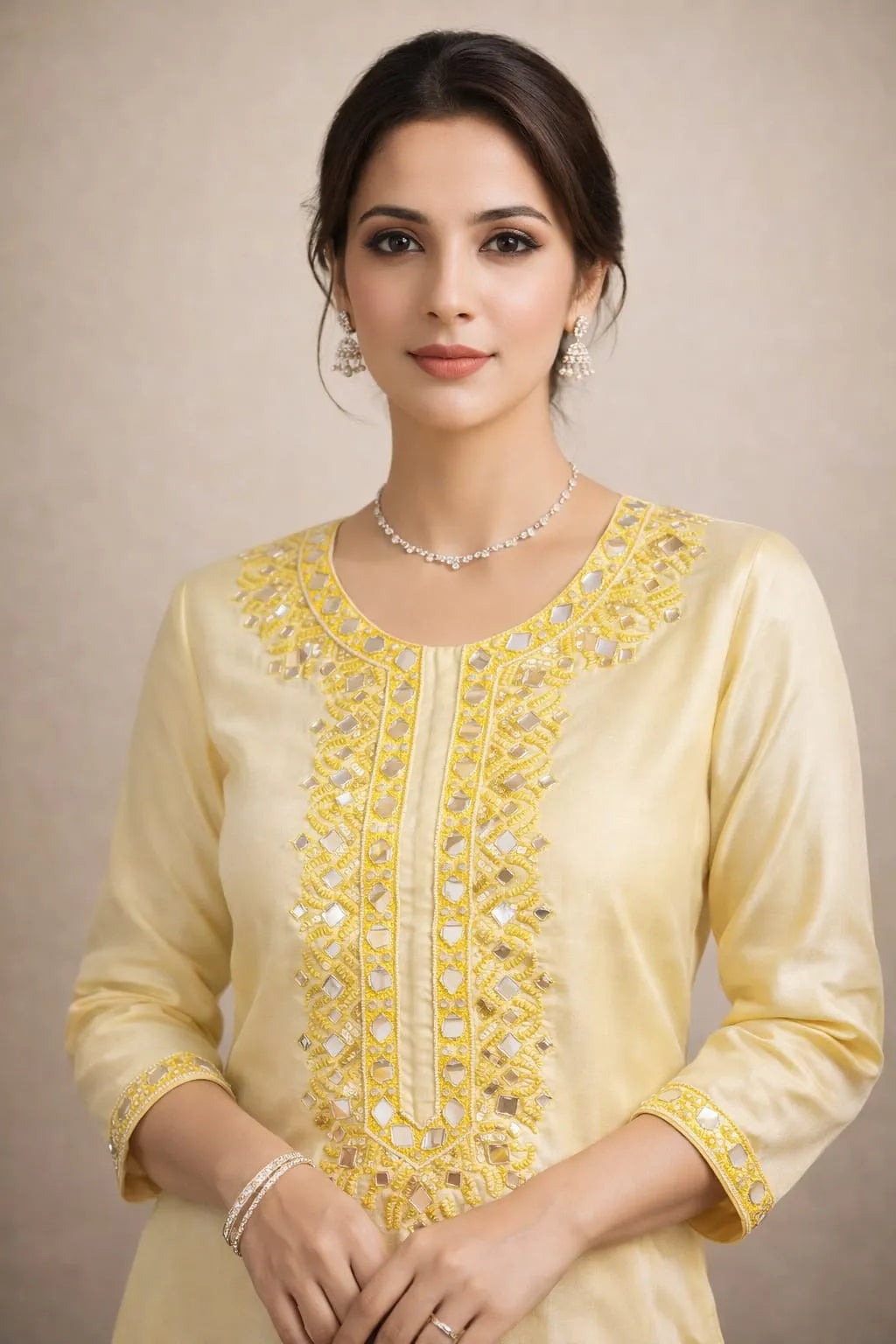 Model in a pale yellow kurta with mirror and thread embroidery down the placket
