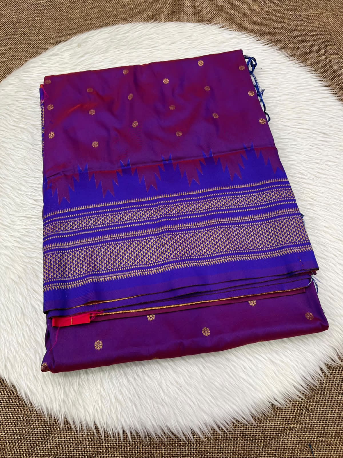 Ilkal silk saree in magenta purple with a blue temple border and gold buttis