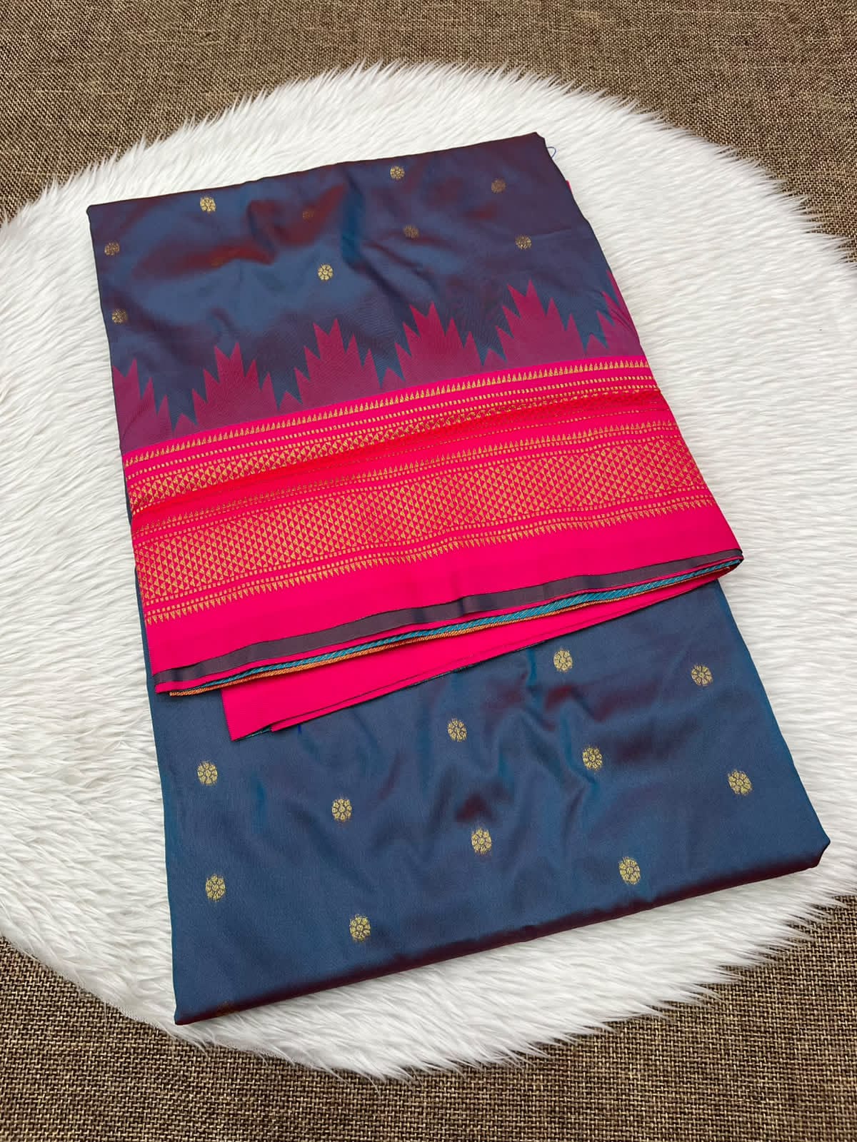 Ilkal silk saree in steel blue with a pink temple border and gold buttis