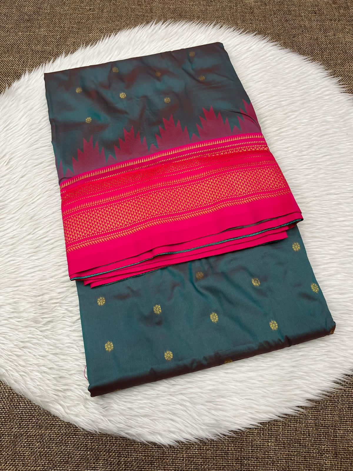 Ilkal silk saree in teal grey with a pink temple border and gold buttis