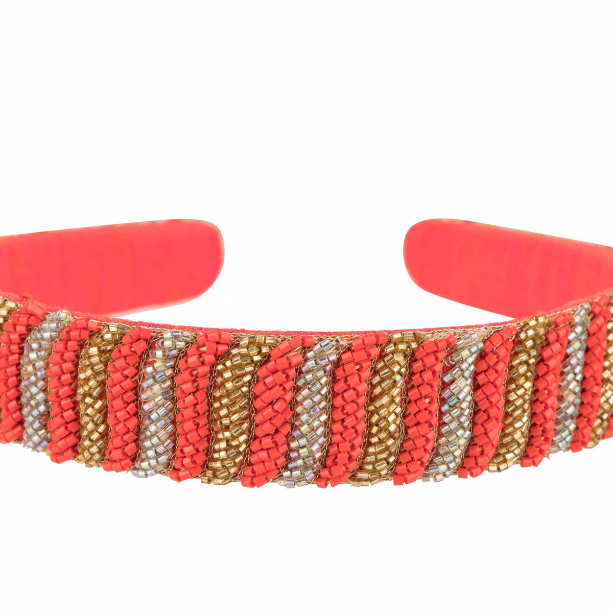 Close-up of the katdana beading, diagonal coral, gold and silver rows along the band