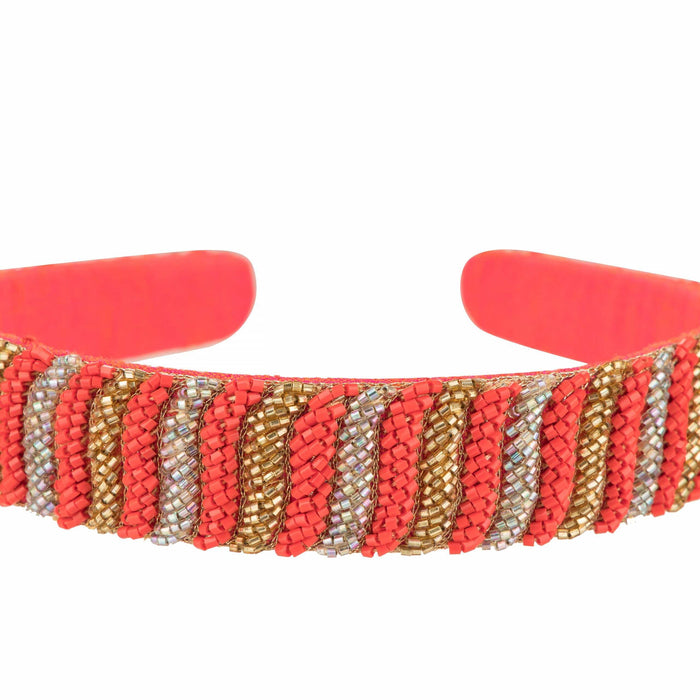 Close-up of the katdana beading, diagonal coral, gold and silver rows along the band