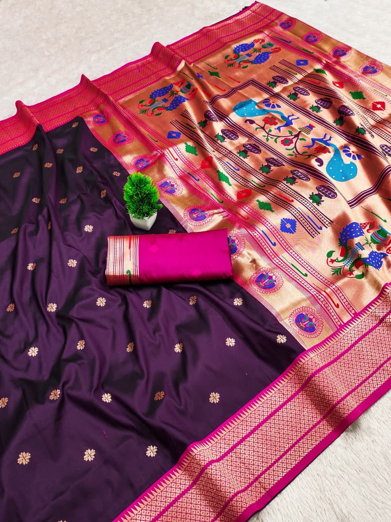 Kadiyal border soft silk saree in plum wine with a rose pink border and gold zari peacock pallu