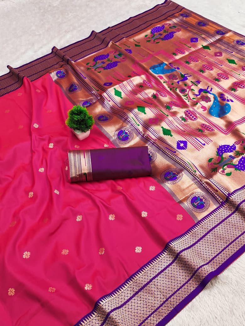 Kadiyal border soft silk saree in rani pink with a purple border and gold zari peacock pallu