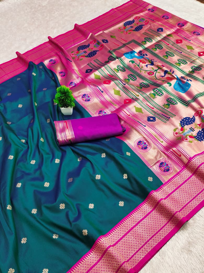 Kadiyal border soft silk saree in dual-tone teal green with a magenta border and gold zari peacock pallu
