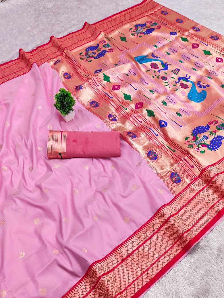 Kadiyal border soft silk saree in baby pink with a red border and gold zari peacock pallu
