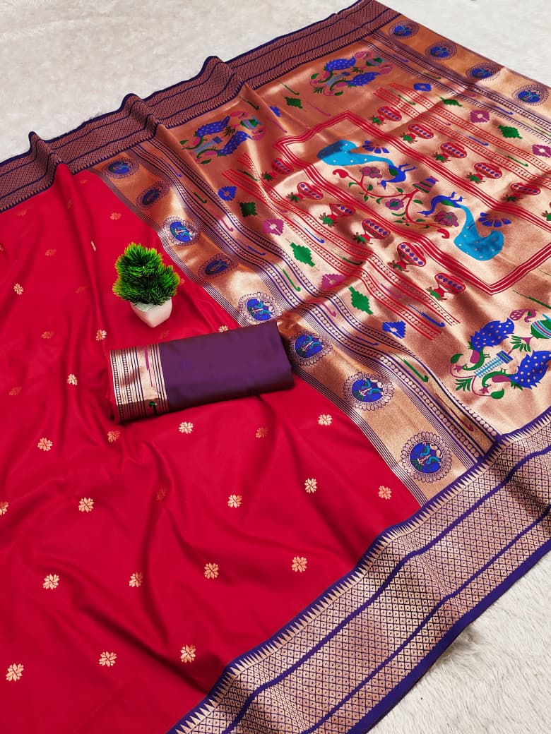 Kadiyal border soft silk saree in deep red with a navy border and gold zari peacock pallu