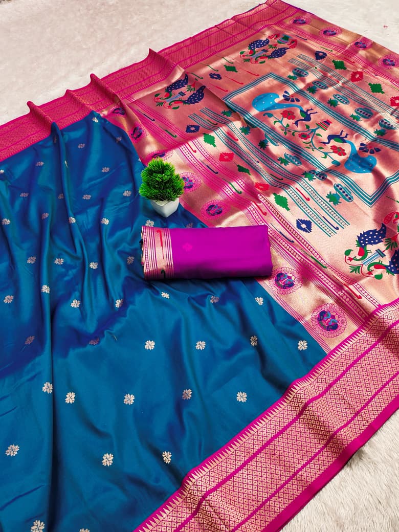Kadiyal border soft silk saree in royal blue with a pink border and gold zari peacock pallu