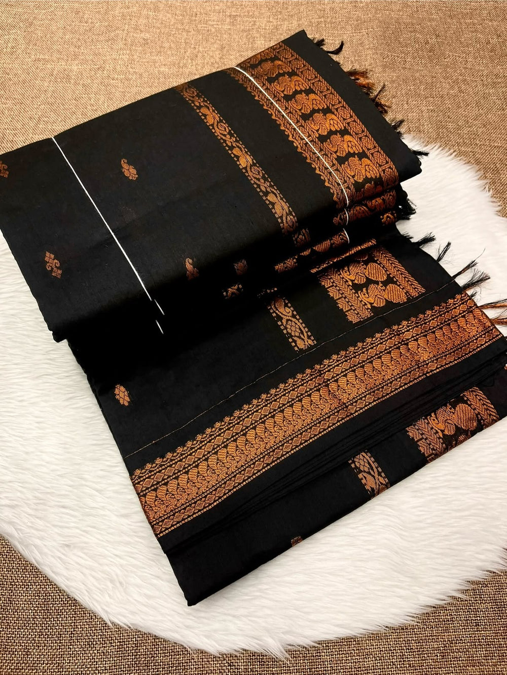Black Kalyani cotton Gadwal saree with copper zari contrast border