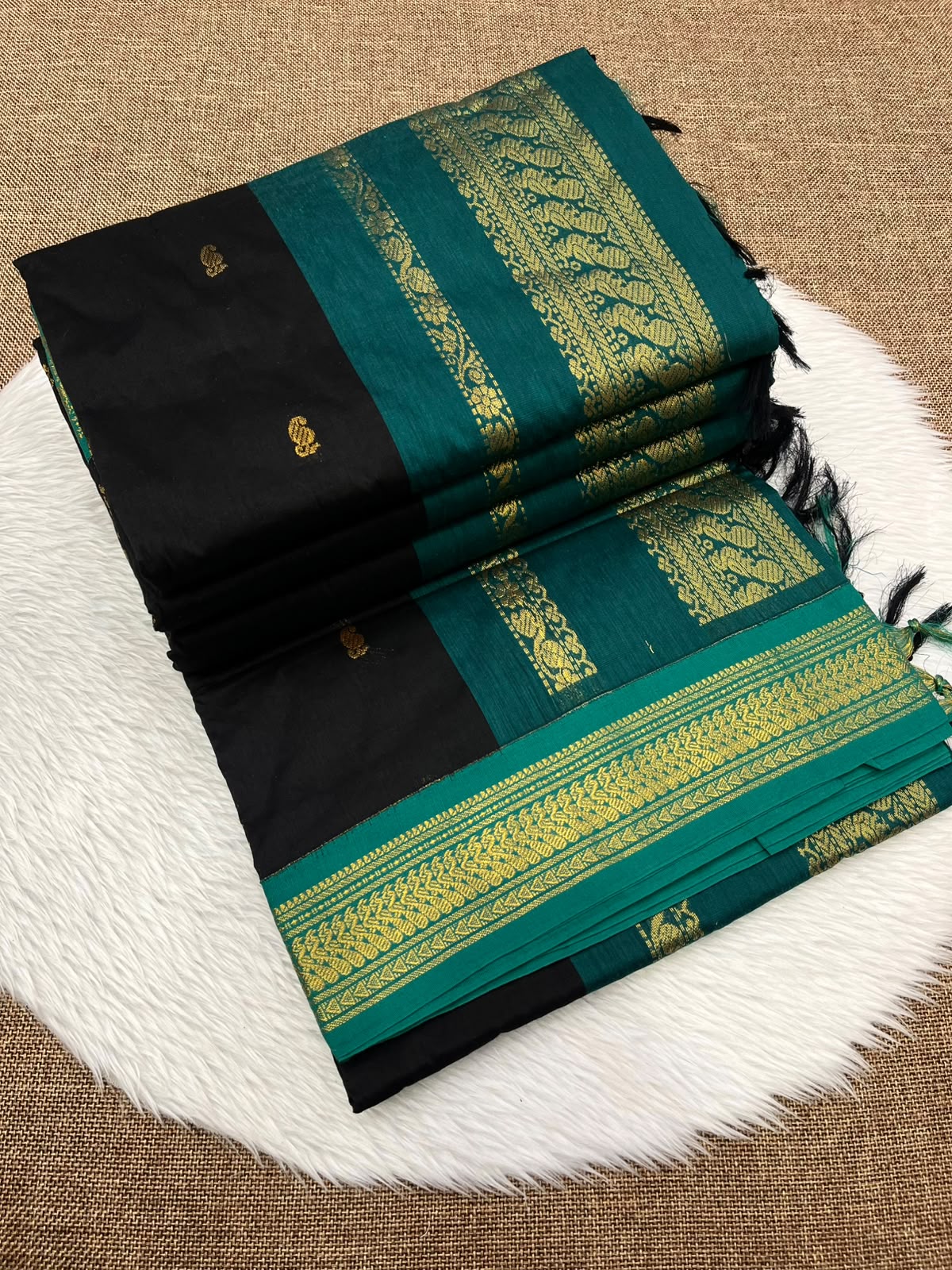 Black Kalyani cotton Gadwal saree with teal contrast border