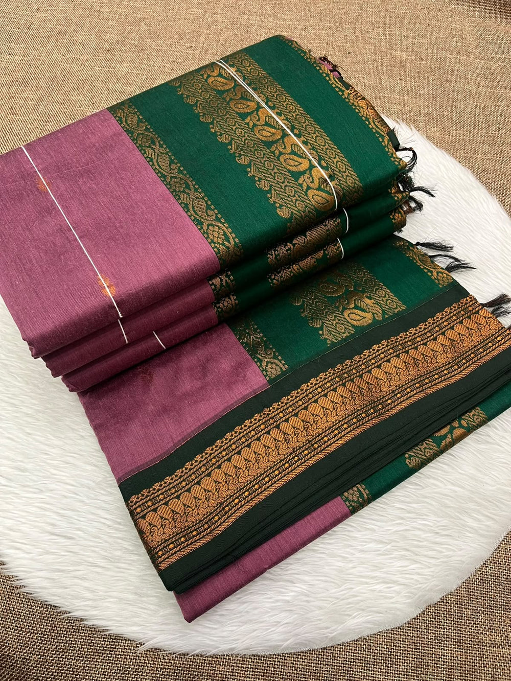 Dusty rose Kalyani cotton Gadwal saree with green contrast border