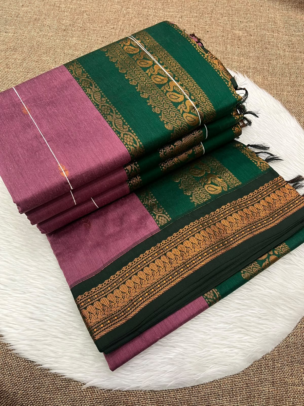 Dusty rose Kalyani cotton Gadwal saree with green contrast border