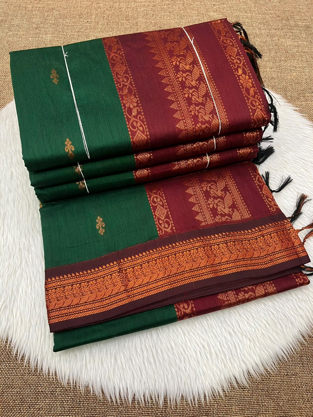 Dark green Kalyani cotton Gadwal saree with maroon contrast border