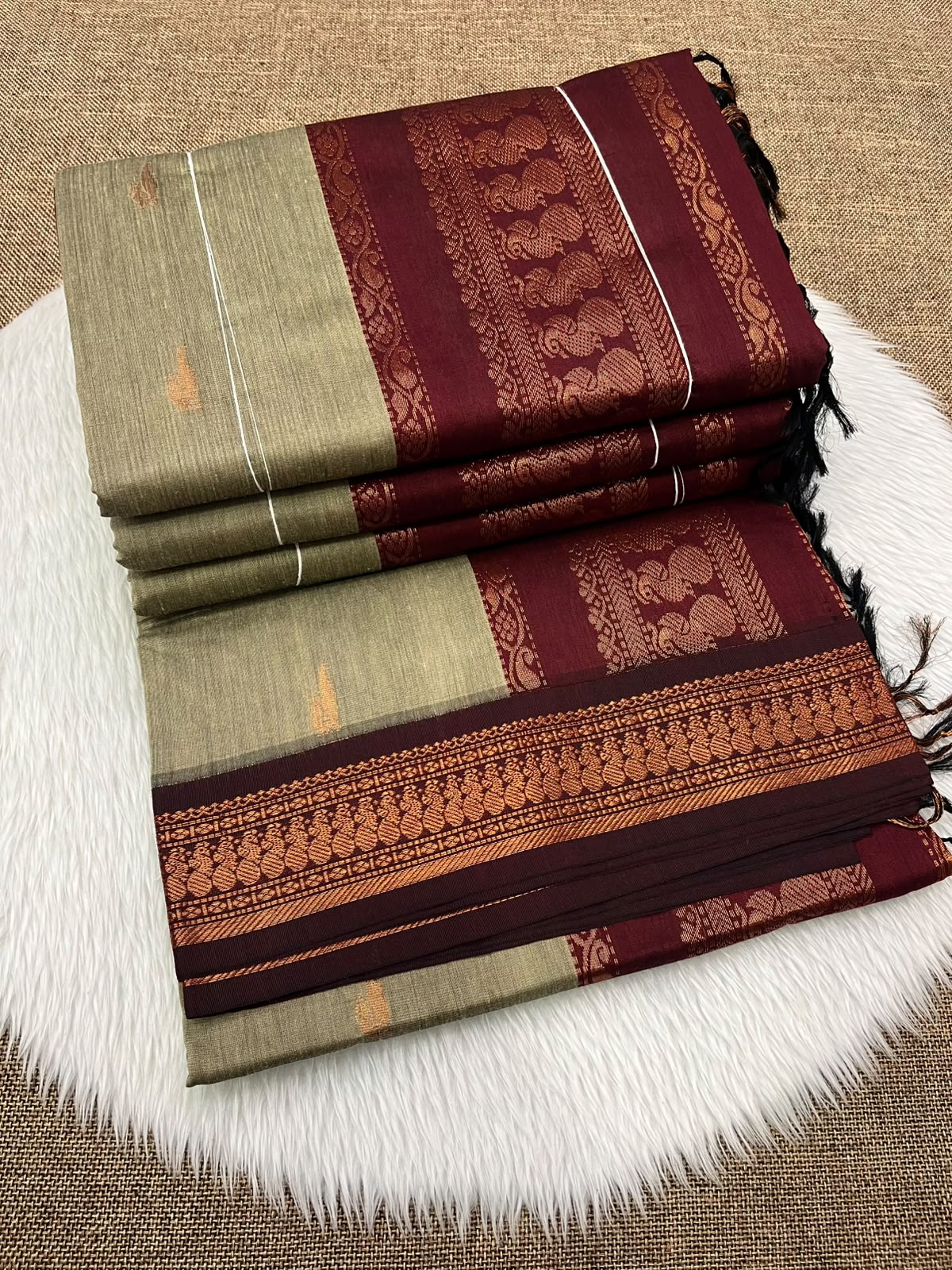 Sage Kalyani cotton Gadwal saree with maroon contrast border