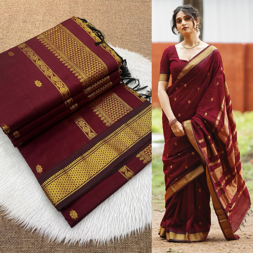 Maroon Kalyani cotton Gadwal saree with gold zari contrast border