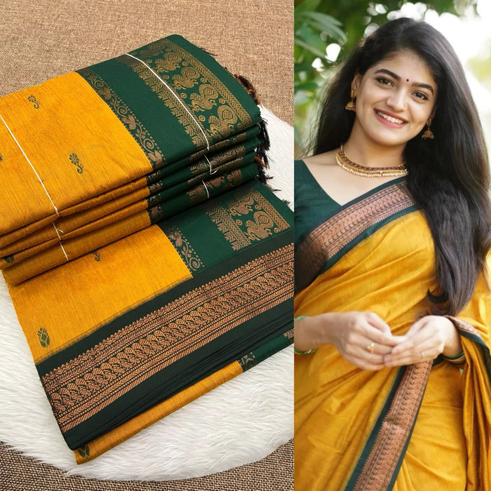 Mustard Kalyani cotton Gadwal saree with green contrast border, shown flat and draped