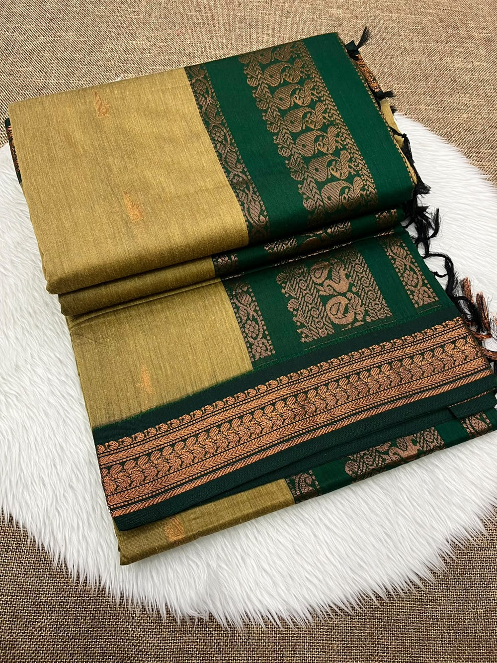 Olive gold Kalyani cotton Gadwal saree with green contrast border