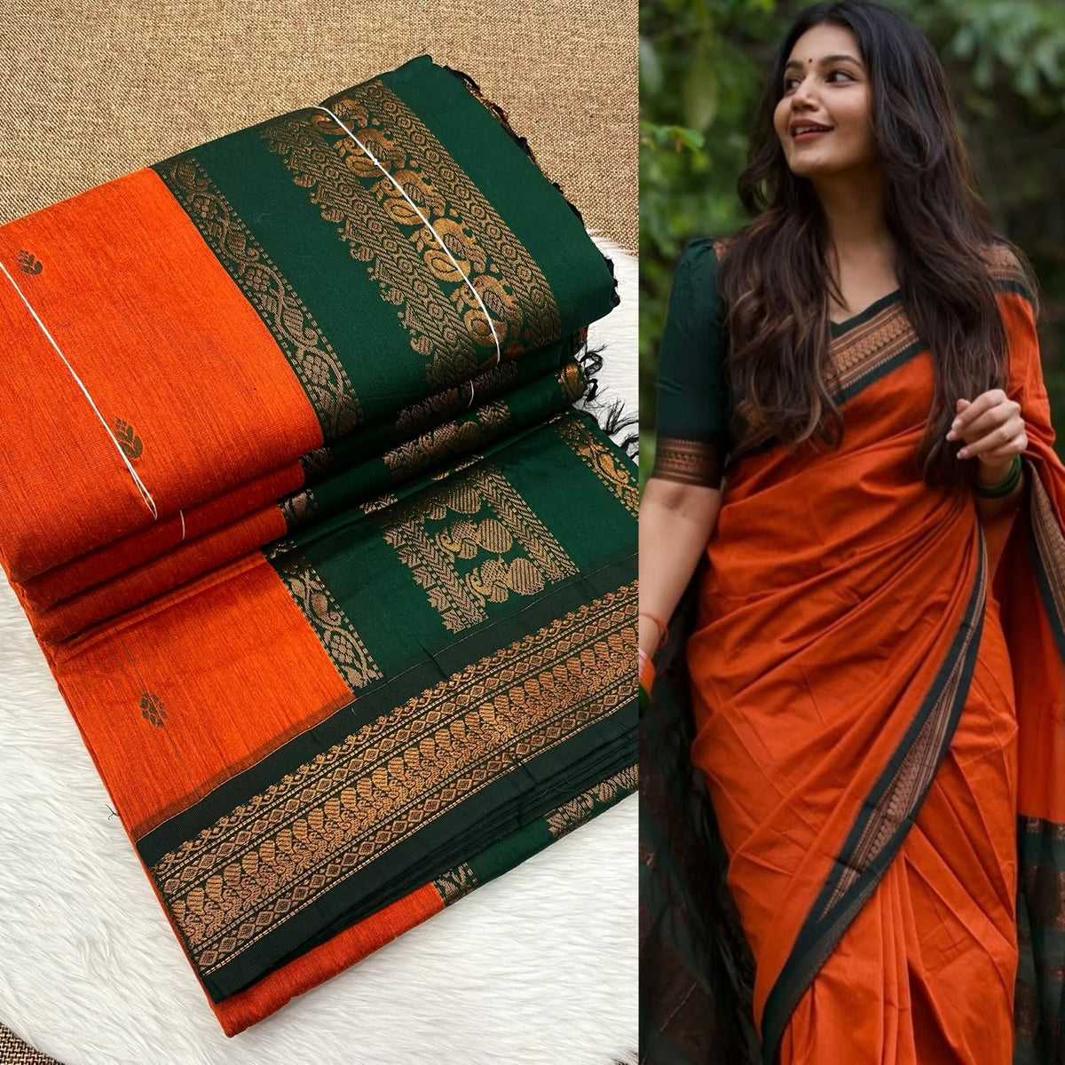 Bright orange Kalyani cotton Gadwal saree with green contrast border, shown flat and draped