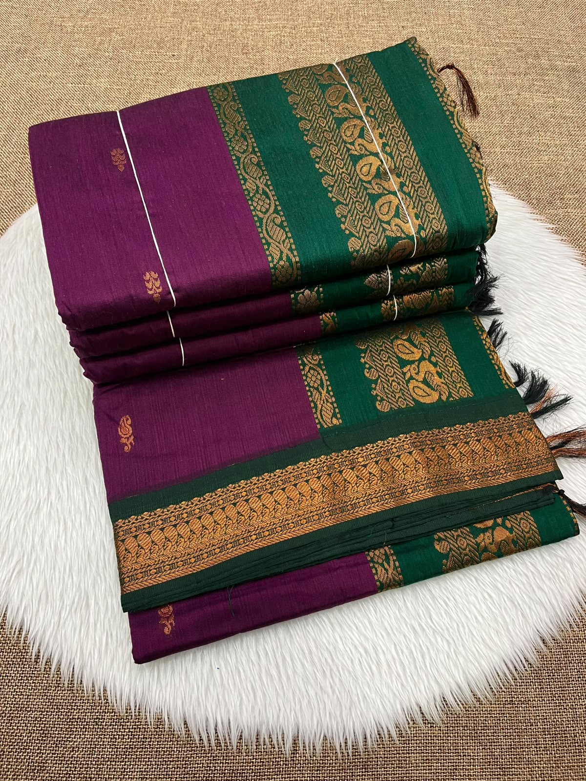 Purple Kalyani cotton Gadwal saree with green contrast border