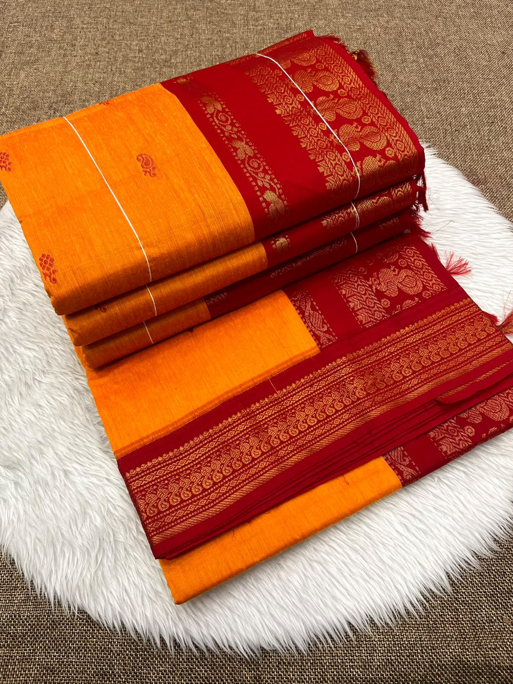 Marigold Kalyani cotton Gadwal saree with red contrast border