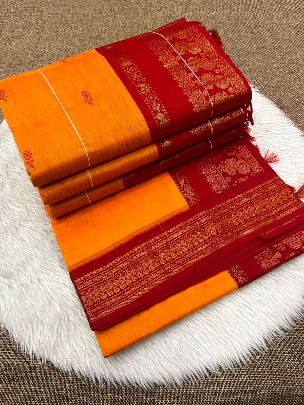Marigold Kalyani cotton Gadwal saree with red contrast border