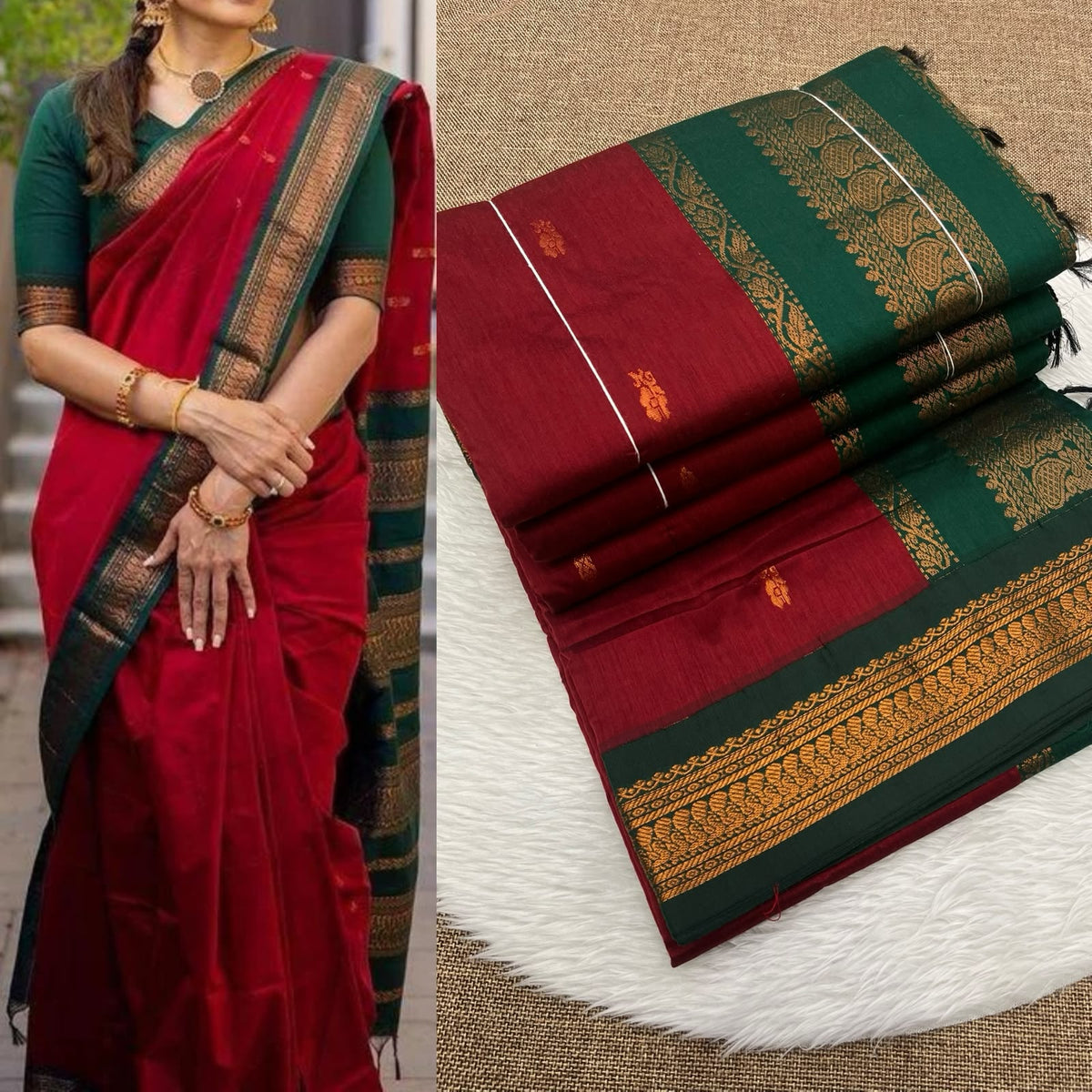 Deep red Kalyani cotton Gadwal saree with green contrast border, shown flat and draped
