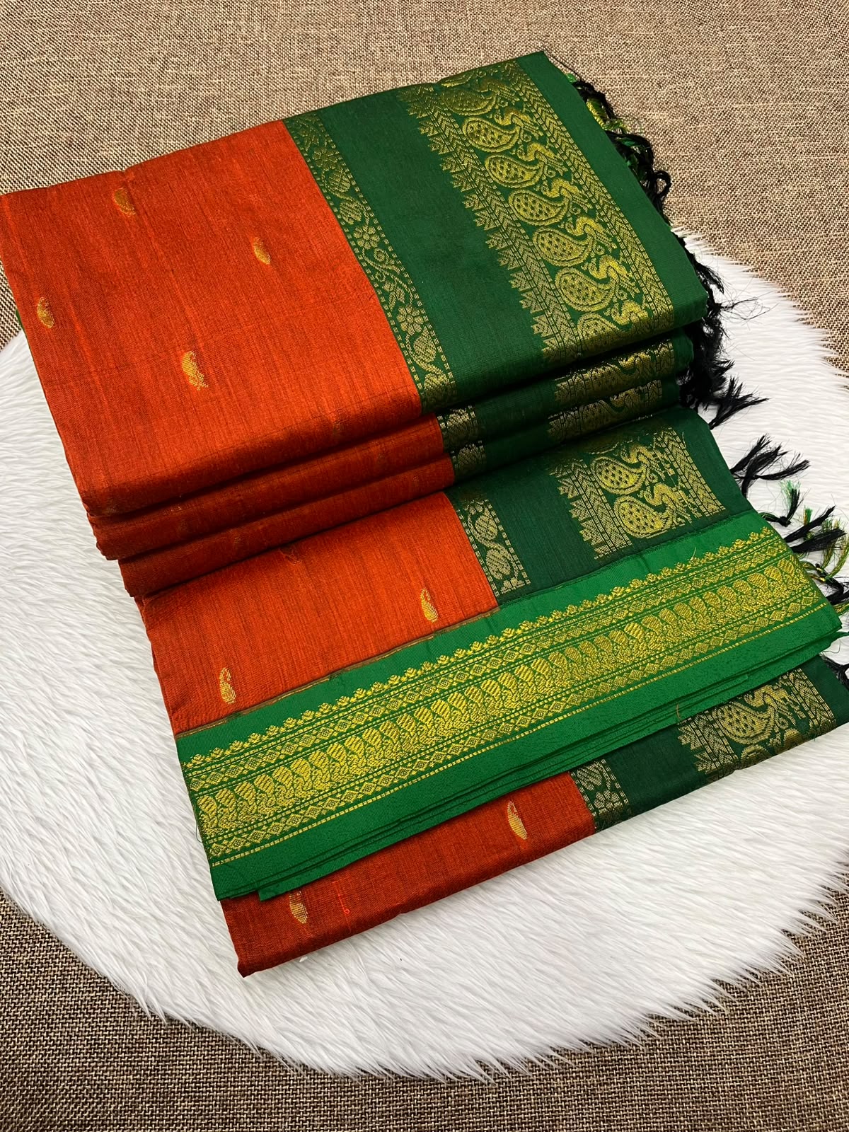Rust orange Kalyani cotton Gadwal saree with green contrast border