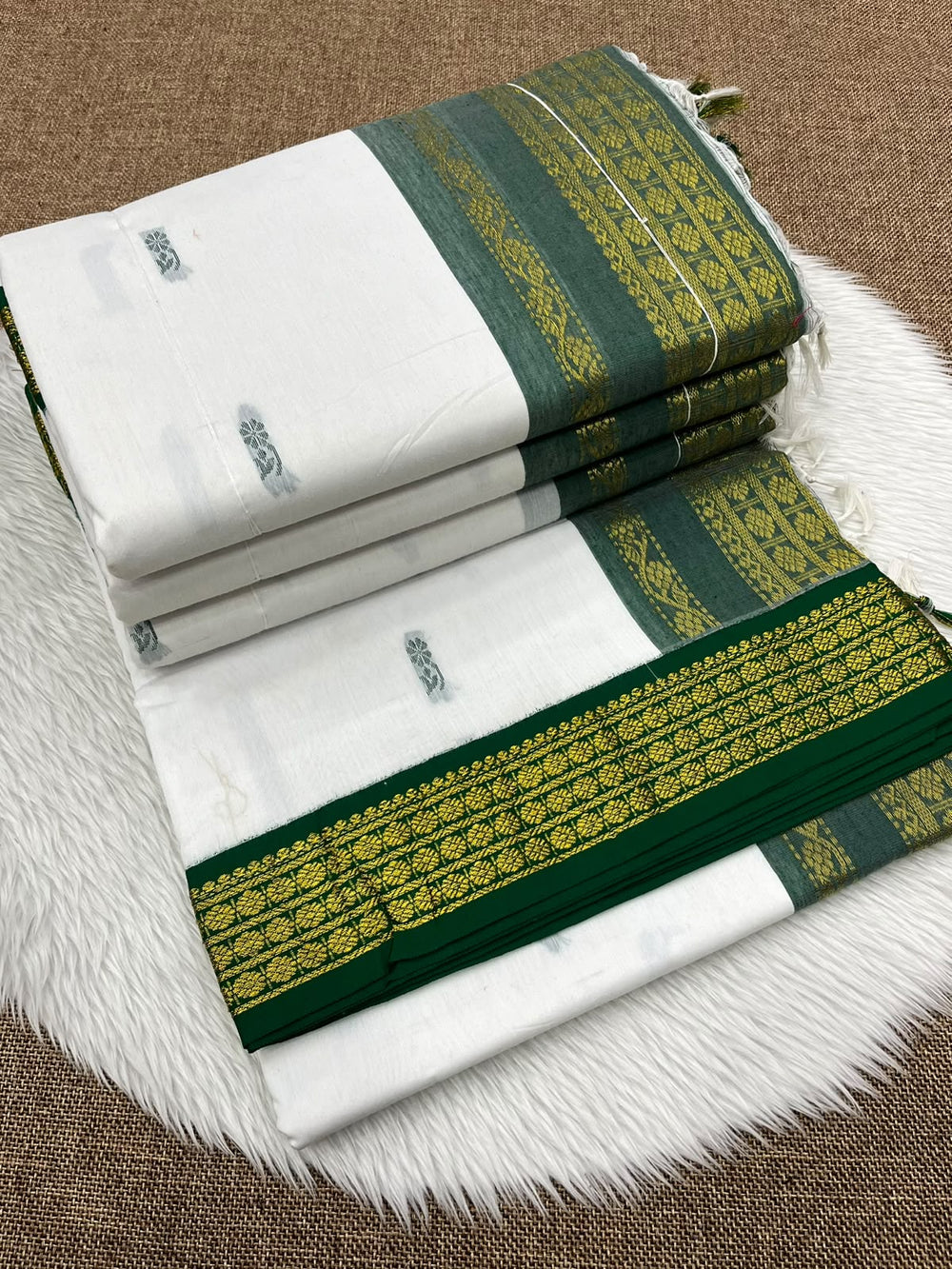 White Kalyani cotton Gadwal saree with green contrast border