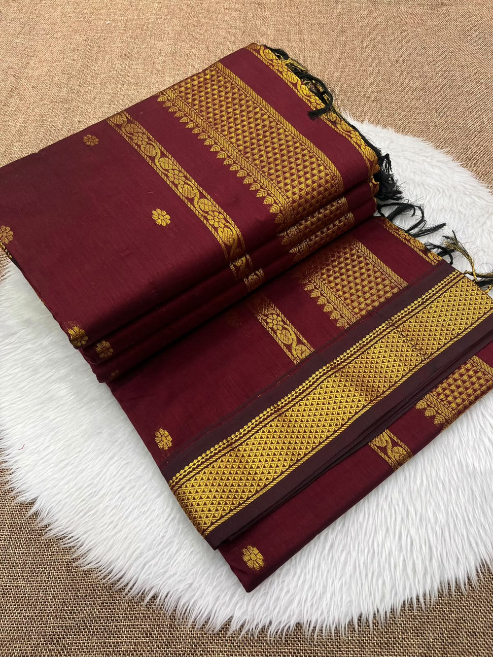 Wine Kalyani cotton Gadwal saree with antique gold contrast border