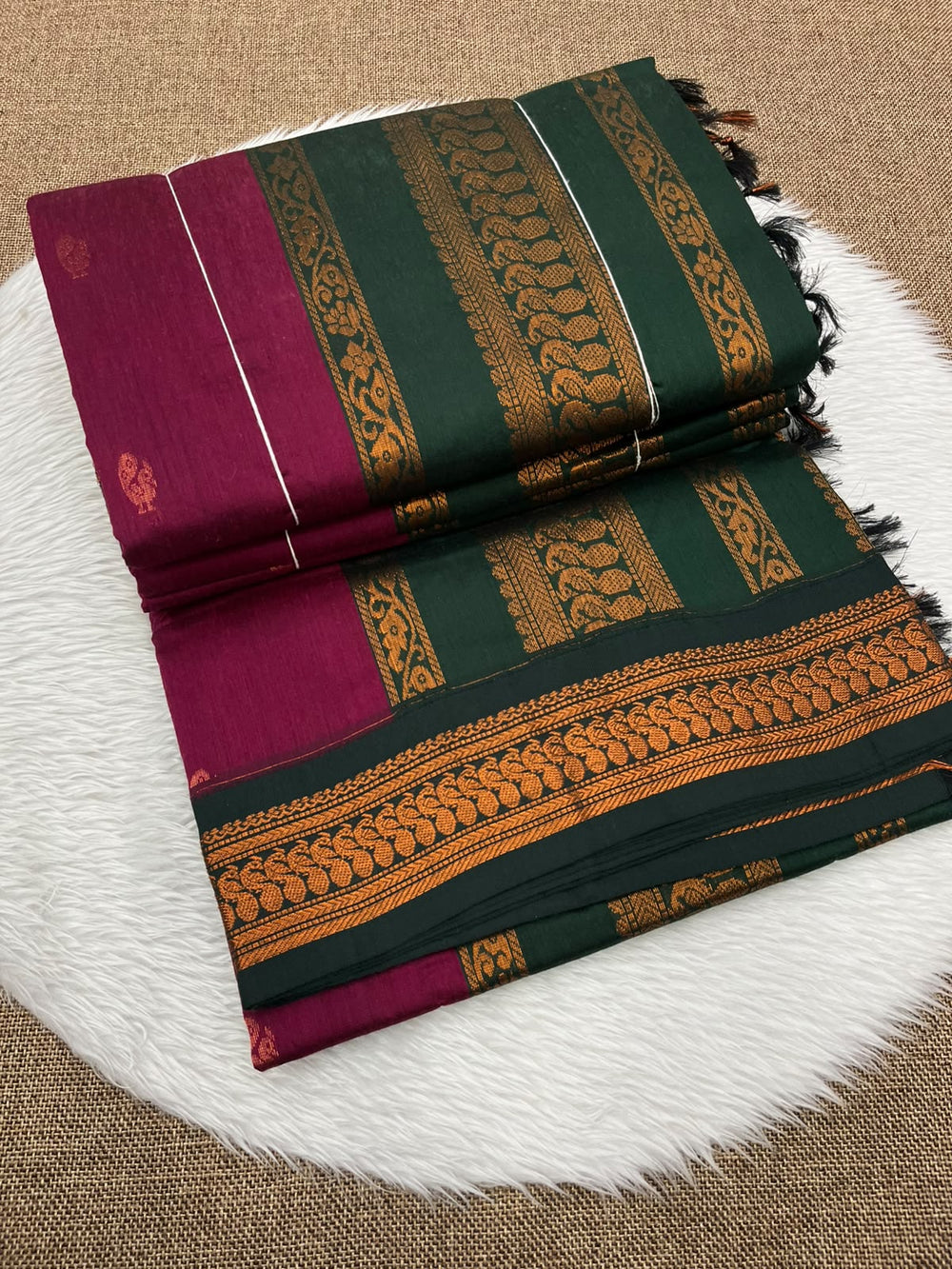 Wine magenta Kalyani cotton Gadwal saree with green contrast border