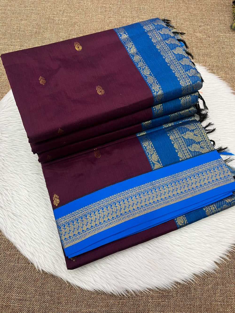 Plum Kalyani cotton Gadwal saree with bright blue contrast border
