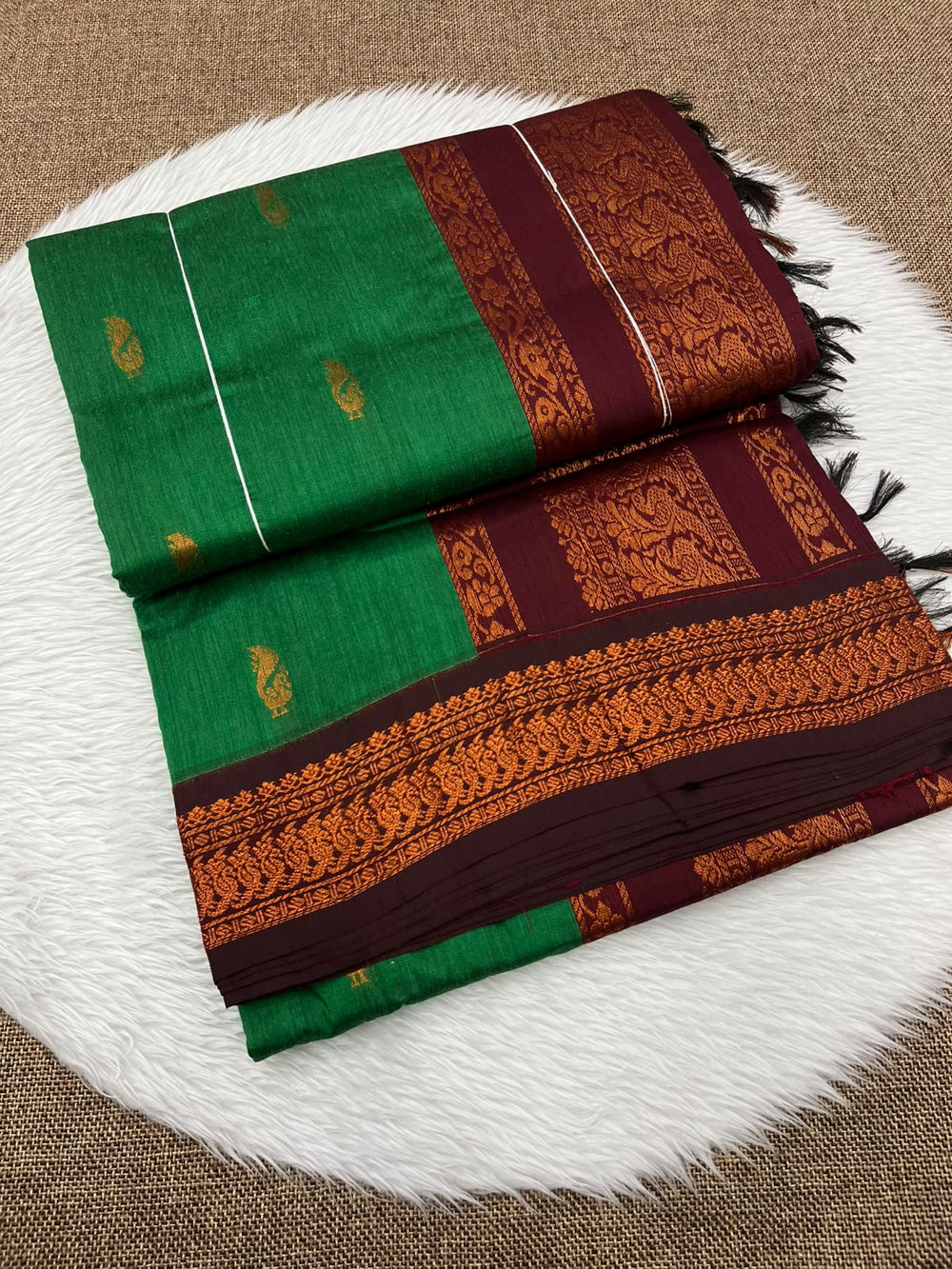 Bottle green Kalyani cotton Gadwal saree with brown contrast border